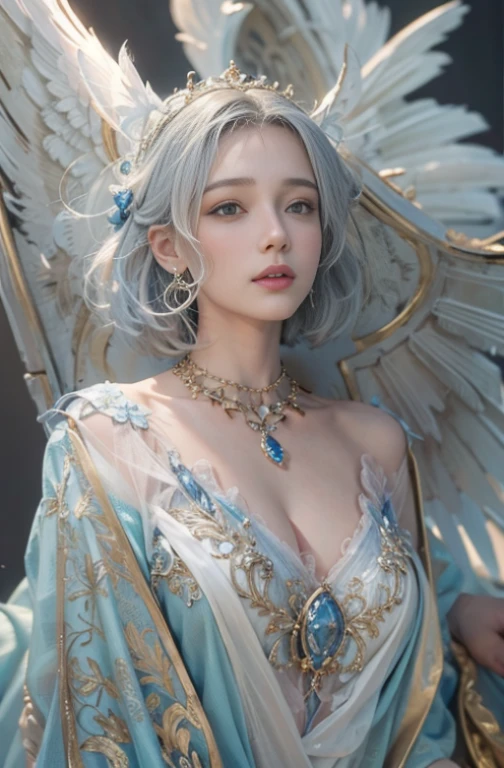 (masterpiece:1.3), (8k, Photorealistic, Raw photo, Best image quality: 1.4), Fair-skinned fairy woman、Long Haircut、Cleavage:2.0、Super detailed face、Attention to detail、double eyelid、Put your chest together、Sharp focus:1.2、Beautiful woman:1.4、Silvery white hair、highest quality、masterpiece、超A high resolution、(Photorealistic:1.4)、Highly detailed and professionally lit smile、Loose, light, Ancient Greek clothing、Shoulder out、thin、Serious expression、Short-haired、Deadly position, gorgeous necklace , one person、whole body, Enormous wings from the latissimus dorsi、Above the Clouds