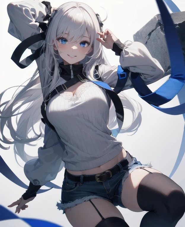 Sense of presence, look up, Focus on shoes, (White Hair Girl), (Thick, dark blue eyebrows:1.4), (Dark blue eyebrows:1.7), (Thick eyebrows:1.3), (Huge black fluffy animal ears:1.1), (Black animal ears:1.1), BREAK, (((Mesh Stitching Crop T-Shirt, Cutout Long Sleeve Top))),BREAK, (Big Breasts:1.2, Thick legs, Adult female body, Sturdy body:1.2), (sharp eyes, Ultra-high definition CG, Precisely designed costumes, 4K, 8K, Ultra-high definition CG, Precisely designed costumes, Clear lines, Expressive and Captivating Eyes, Fine Details and Realistic Textures, cinematic lighting), ((white background)), BREAK, (過剰なRuggedThick soleブーツを履いています:1.2), (Thick sole:1.5), (Big shoes:1.3), brwak,((Distressed denim:1.3))