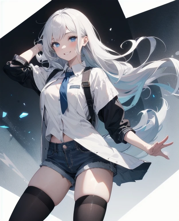(Masterpiece, Best quality, ultra high resolution), 1 girl, Silver hair, Pale skin, Beautiful detailed face, Detailed eyes, posing on a, On a white background, Dynamic lighting, dynamic shadowing, looking at viewer, White stone punk fashion,(Posing for a photo),((White clothes)), (((black thigh highs))), jean shorts, skirt, white sweater, ((Blue eyes)), happy, smiling, black straps, black strap design, ((Long white hair)), (tie), energetic