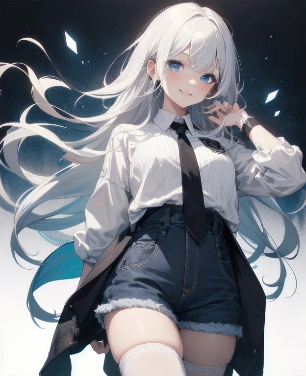 (Masterpiece, Best quality, ultra high resolution), 1 girl, Silver hair, Pale skin, Beautiful detailed face, Detailed eyes, posing on a, On a white background, Dynamic lighting, dynamic shadowing, looking at viewer, White stone punk fashion,(Posing for a photo),((White clothes)), (((black thigh highs))), jean shorts, skirt, white sweater, ((Blue eyes)), happy, smiling, black straps, black strap design, ((Long white hair)), (tie), energetic