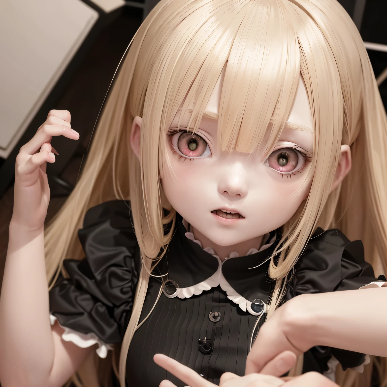 Blonde anime girl with black eyes, exhibiting maternal affection towards an albino , 3D anime styled image, hyper-detailed anime esthetic, unsociable Yandere, unique contrast, 8k resolution, desaturated colors, expressive facial features, tender moment.