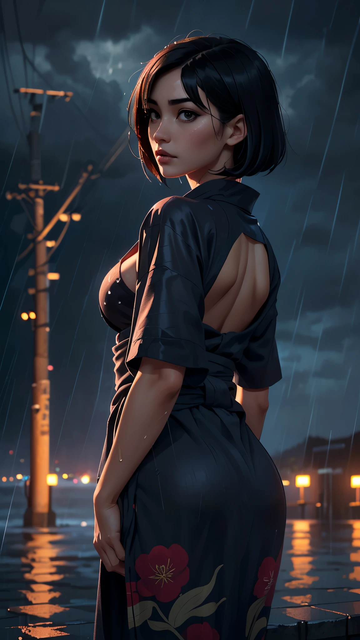 Creating an illustration of a woman in her thirties, short black hair with a back side bang, blue sky eyes, fair skin. obscured expression - she's wearing nothing, make she nude, little breasts, full sexy body - she's walking in a night town - include storm rain - digital art style