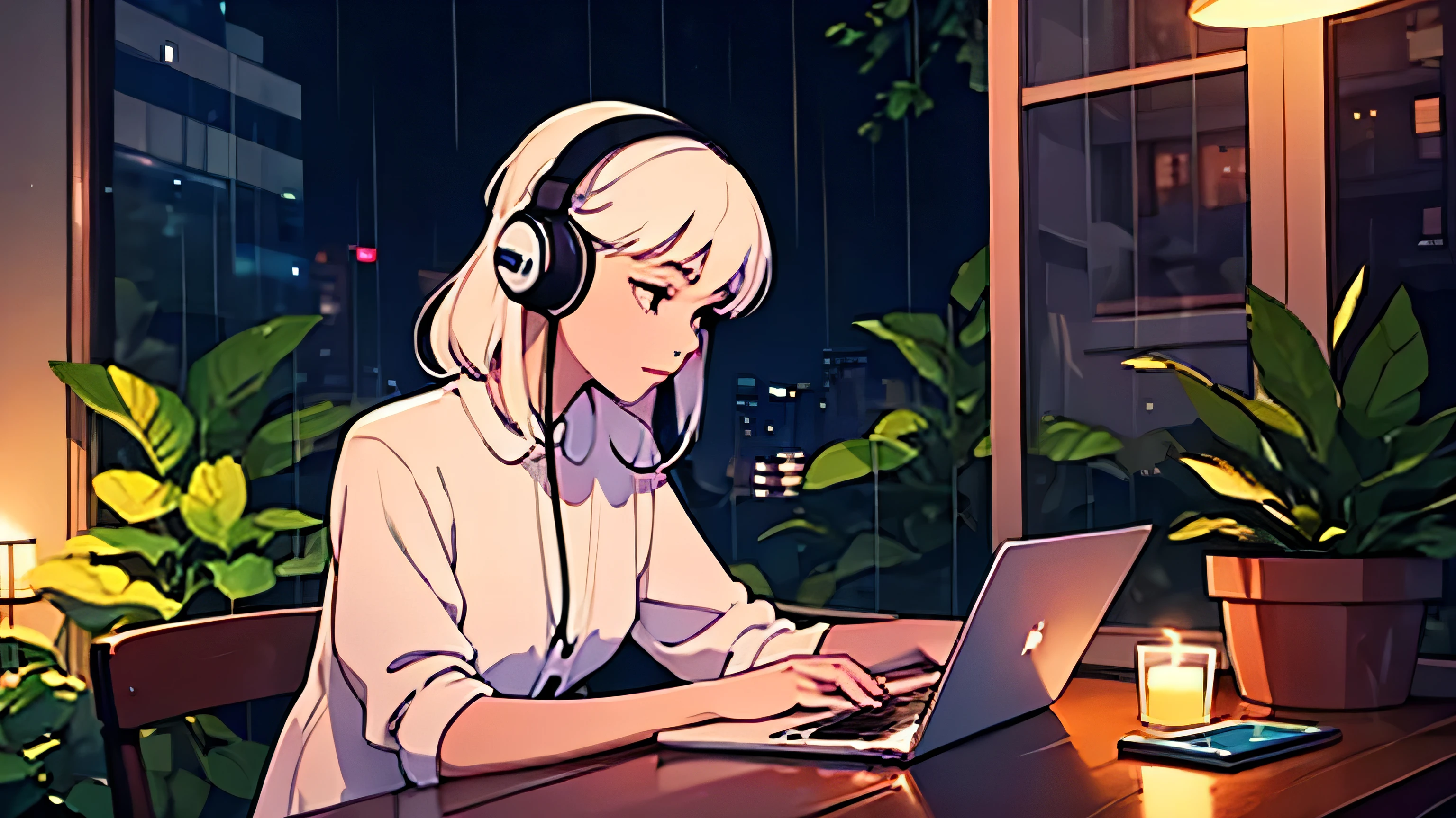 rainy night I opened my laptop on the table at very modern white colour cafe. a girl studying while listening to music with headphones, the night view is very beautiful with beautiful candle on her table. there are plants in the background. Lo-fi She is typing her laptop with a beautiful night view with books and plants in the background with coffee on the desk