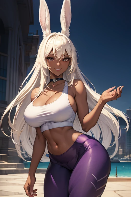 (masterpiece), best quality, highly detailed faces, (SHARP details), 4k, highly detailed, expressive eyes, SHARP detail expressive eyes, (SHARP detail perfect face), ((dark skin)), (bunny ears), (viera), ((platinum blonde hair)), (choker) amber eyes, long and wild hair, (mature woman), (big breasts), smiling, standing, (wearing white tank top), 20 years old, ((wearing purple yoga pants)), ((solo)), wide hips, (((view from front))), thick thighs, tall woman,