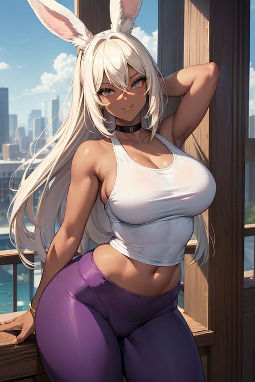 (masterpiece), best quality, highly detailed faces, (SHARP details), 4k, highly detailed, expressive eyes, SHARP detail expressive eyes, (SHARP detail perfect face), ((dark skin)), (bunny ears), (viera), ((platinum blonde hair)), (choker) amber eyes, long and wild hair, (mature woman), (big breasts), smiling, standing, (wearing white tank top), 20 years old, ((wearing purple yoga pants)), ((solo)), wide hips, (((view from front))), thick thighs, tall woman,
