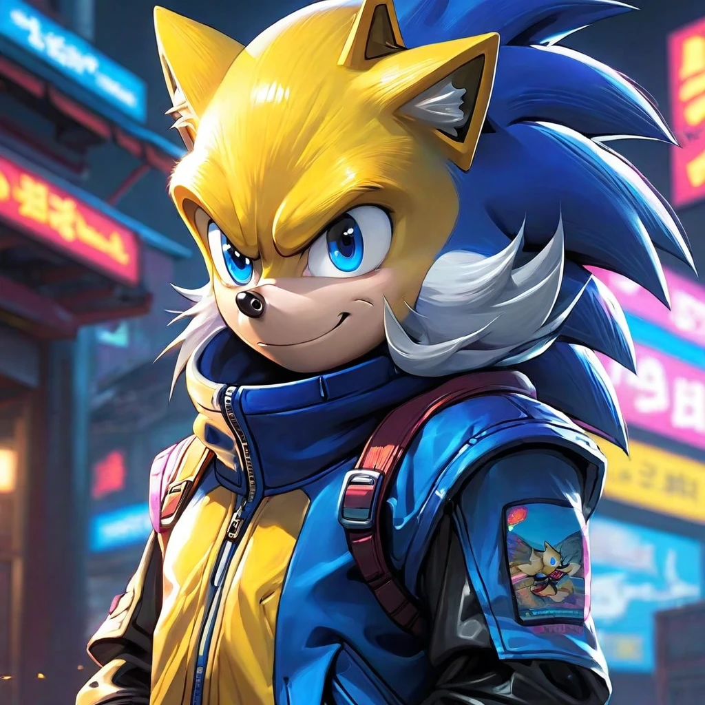(Super Sonic the Hedgehog - cyberpunk), (blue), (Cute cartoon, CuteCartoonAF. | Masterpiece in maximum resolution 16K. | (cute cartoon style). | front view (loner, charming) , (meditating in a spacious Japanese pavilion), ( wear a fashionable hoodie), ((mechanical cyberpunk)). |(((soft smile, looking at the viewer))), (bright blue eyes).