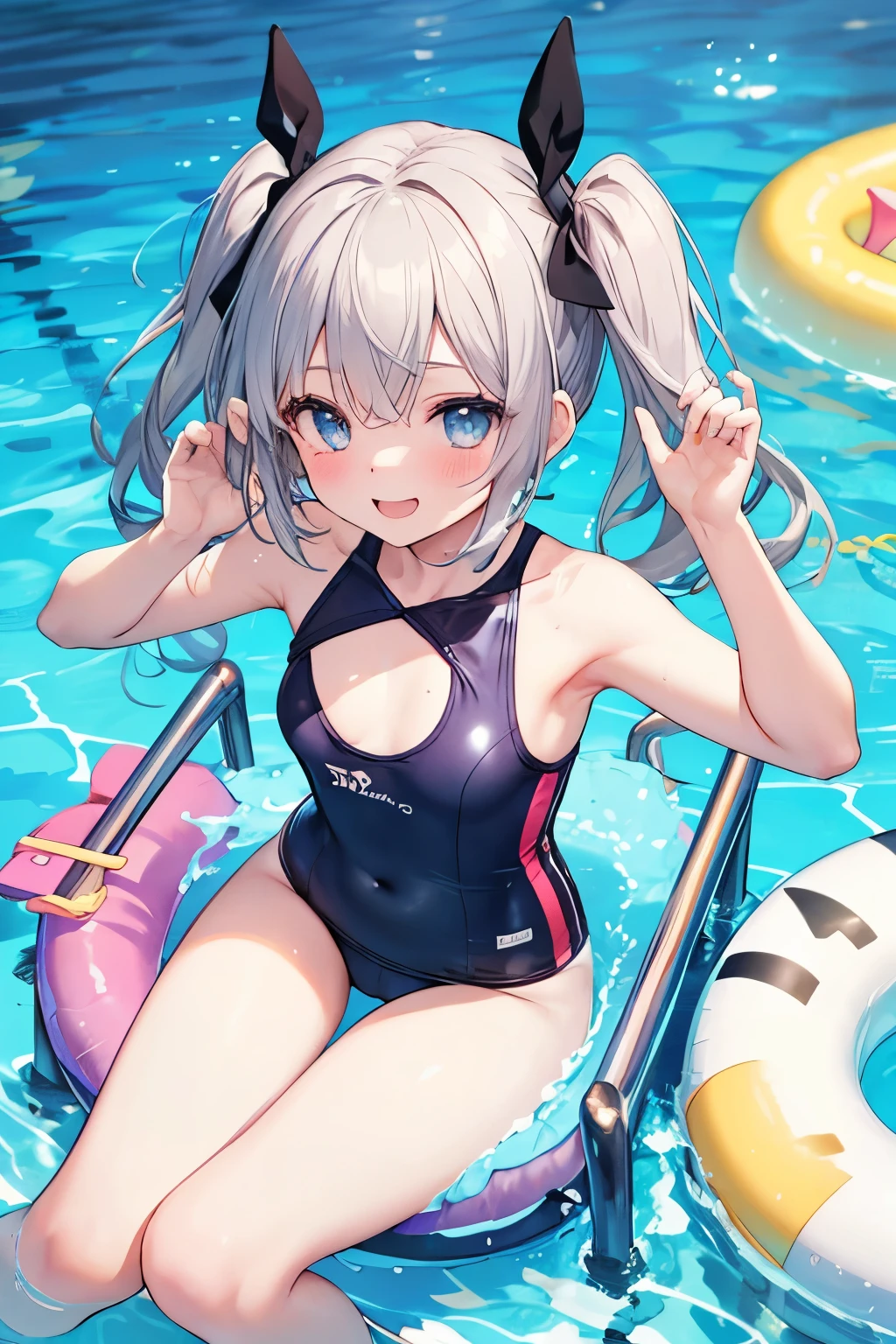 Silver-haired blue eyes、 girl、Small breasts、Twin tails、Laughter、Nico Nico Smile、Wink、 girl、Looks about 、Petan Musume、short、There are highlights on the eyes、Coming to the pool、Wear a cute swimsuit、sexy、Armpits are visible、There are lots of toys、Sliding down the slider