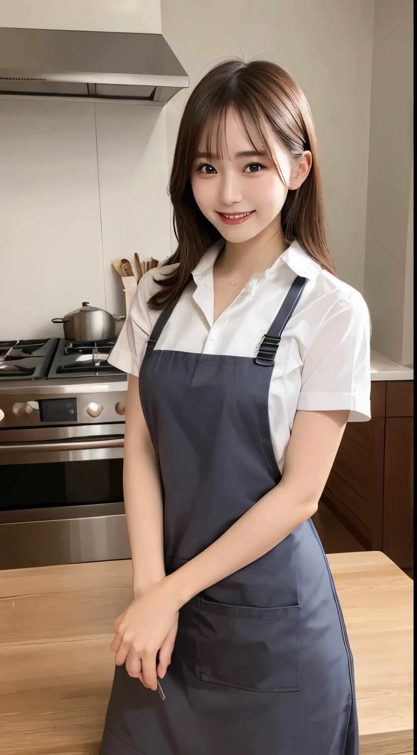 Tabletop, highest quality, figure, Very detailed, In detail, High resolution, 8k wallpaper, Perfect dynamic composition, Beautiful fine details, apron,Medium Hair, Center of chest, Natural color lip, Randomly,smile,Tower apartment,kitchen