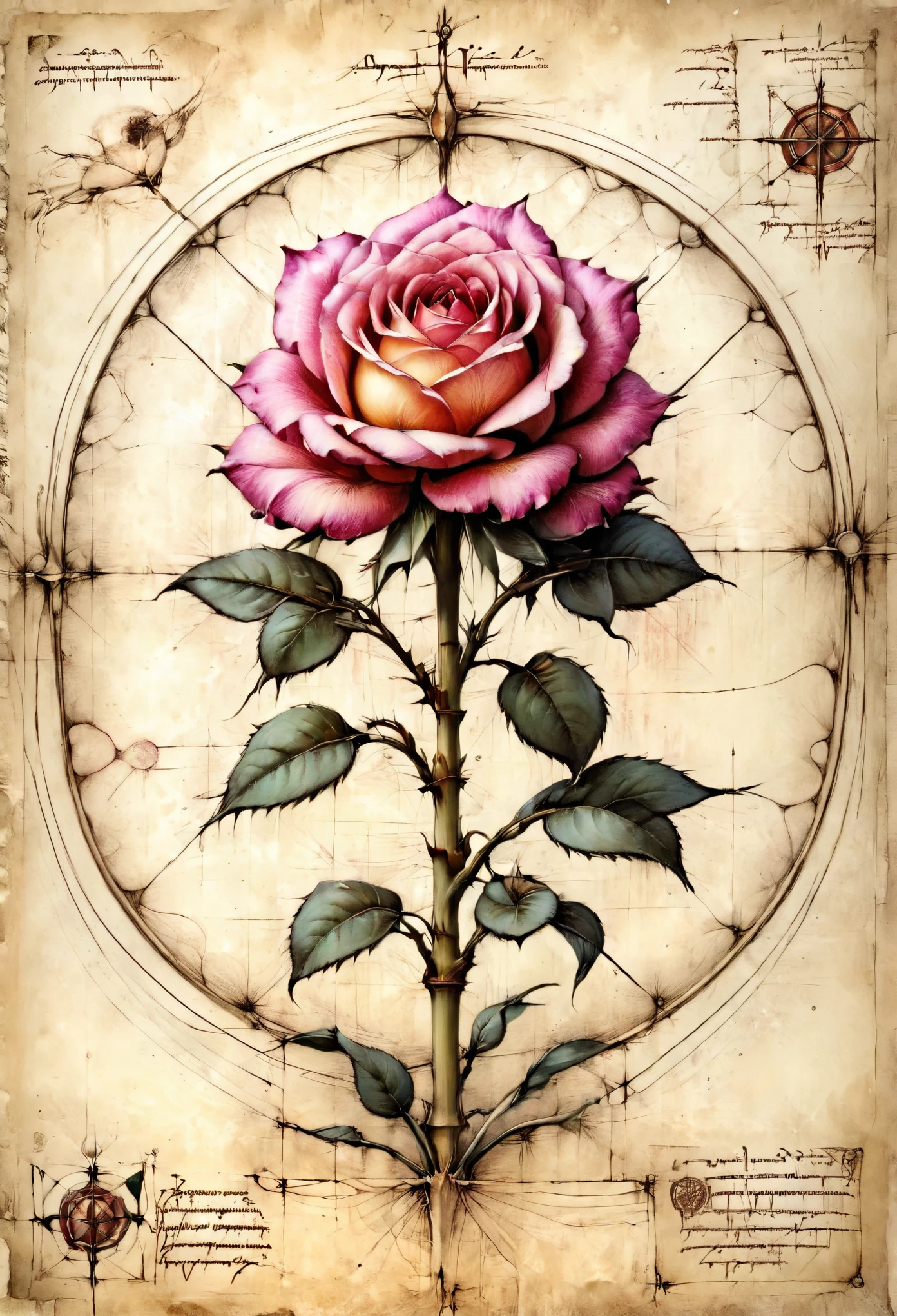 (best quality,exquisite quality:1.2),A rose,faded colors,ink drawing,anatomical,da_vinci,vitruvian