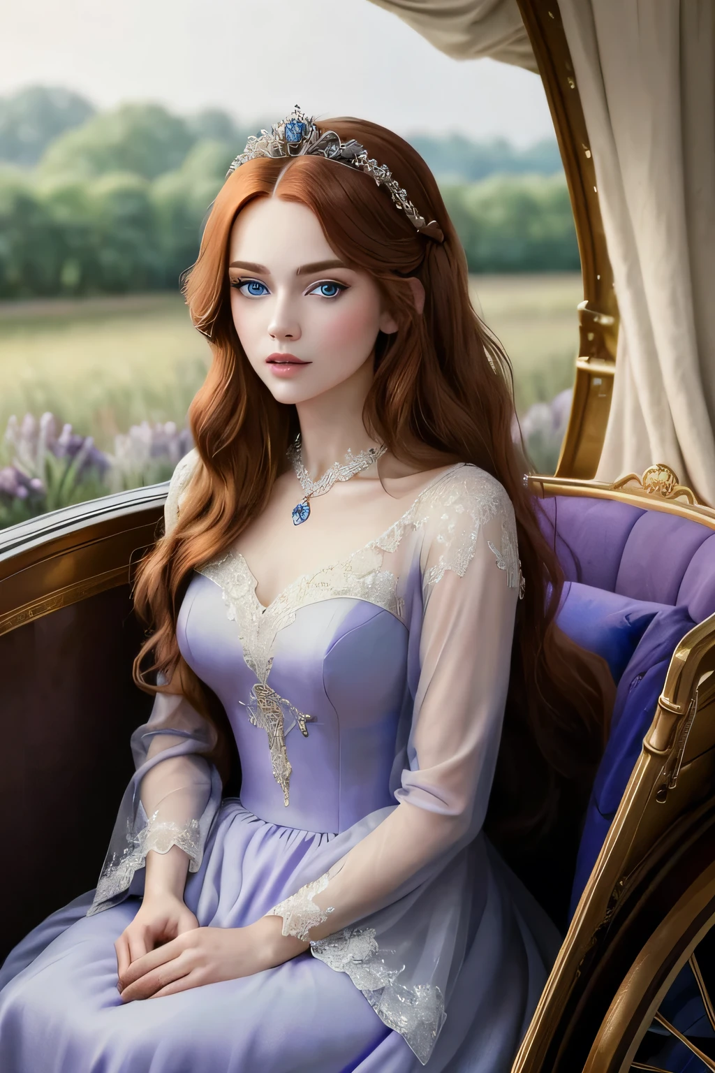 ((best quality)), ((masterpiece)), (detailed), perfect face, a princess with red long hair and blue eyes, wearing lavender gown and sitting inside a carriage