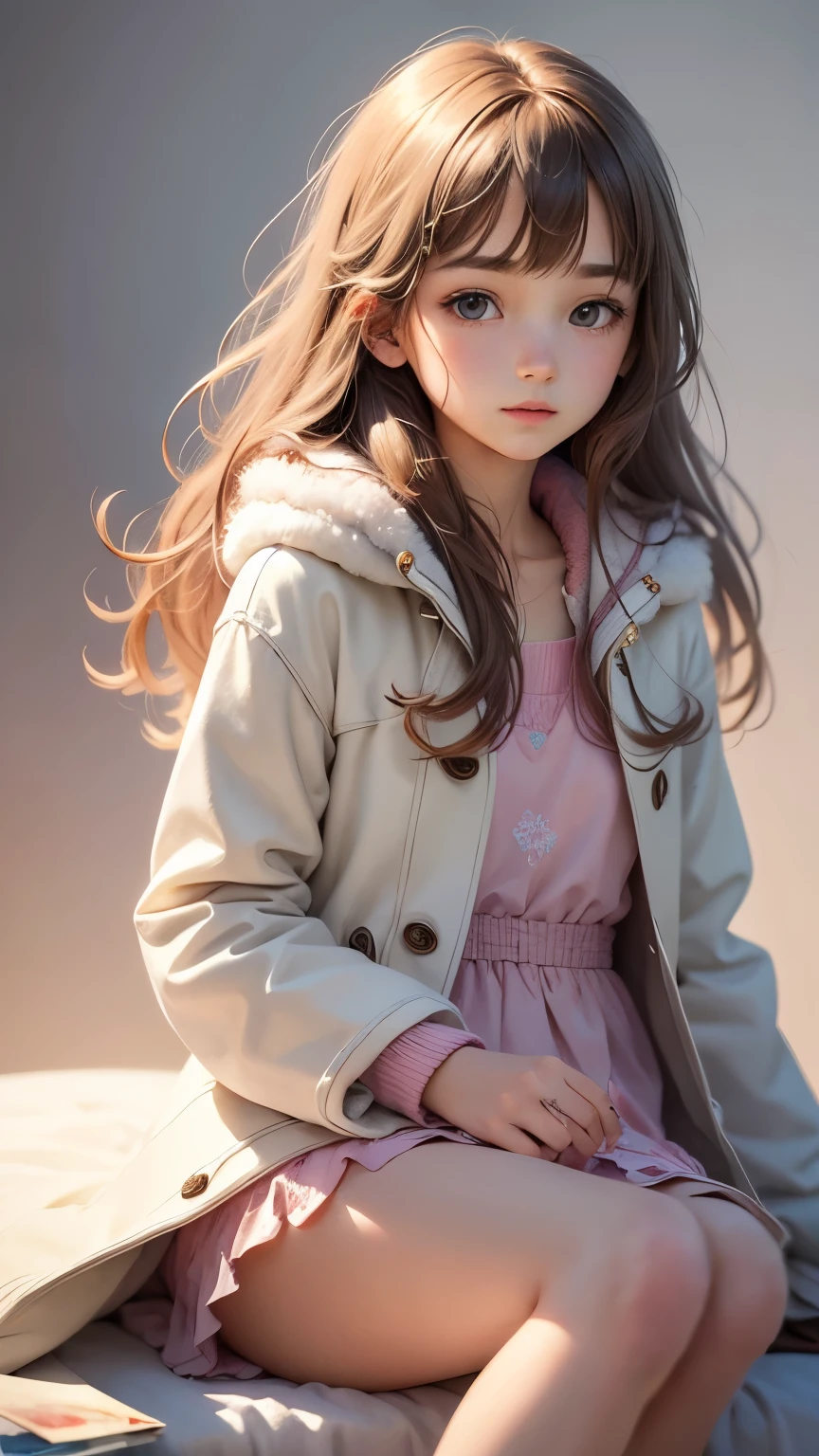 (Pieces fly),(highest quality:1.1),(Very detailed),Best illustrations,The finer details,(Portraits:1.1),(Watercolor)fluffy,1 girl,alone,,slim,(Very delicate and beautiful face),(Beautiful eyes in every detail),Pink thick lips,(Messy Hair),Soft and lazy,(Simple Background:1.2)Overall background color,Transparent parts,In 4K,Full Shot,Thin legs,The happi coat is open