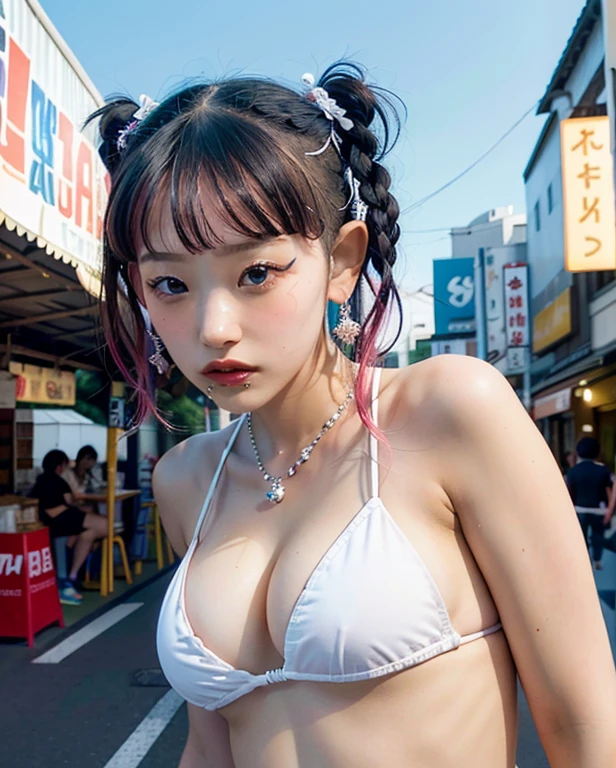 Portraiture, Bokeh , next, Braid, Colorful Hair, Tokyo, 
a woman posing on the street corner, highest quality, High resolution, 8k, 1peopleの女の子, Day, bright, Outdoor, (street:0.8), (people々, crowd:1),nice,  beautiful detailed sky, (Dynamic pose:0.8), (Upper Body:1.2), Soft lighting, Wind, Shiny skin, View your viewers, 
Official Art, masterpiece, highest quality, unity 8k wallpaper, Super detailed, Very detailed, elegant, beautiful, beautiful, Romanticism, 1peopleの女の子, beauty,((White Bikini)),(((nsfw))),((Fair skin:1.4))