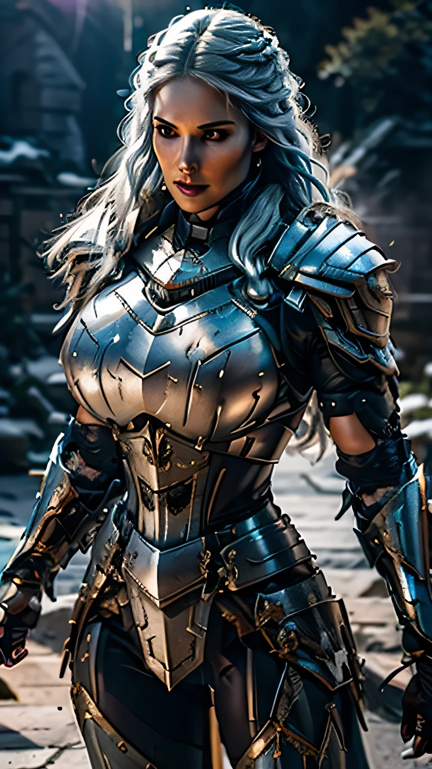 8K,asgard female warrior with very big breasts,Super beautiful(like the real thing),black very large chest armor,realistic skin,luxury black pants,Has a large, long black spear,sexy,muscular slim body,ripped abs,black shoulder armor,black waist armor,black leg armor,desert, rich colors, Backlight, cinematic lighting, film grain, RAW, 50mm lens,nikon D850,ultra high resolution,Super realistic,goddess,battle scene,action scene,action pose,shine a light on the face, long wavy blue hair, the Witcher, the Witcher armor, yennefer