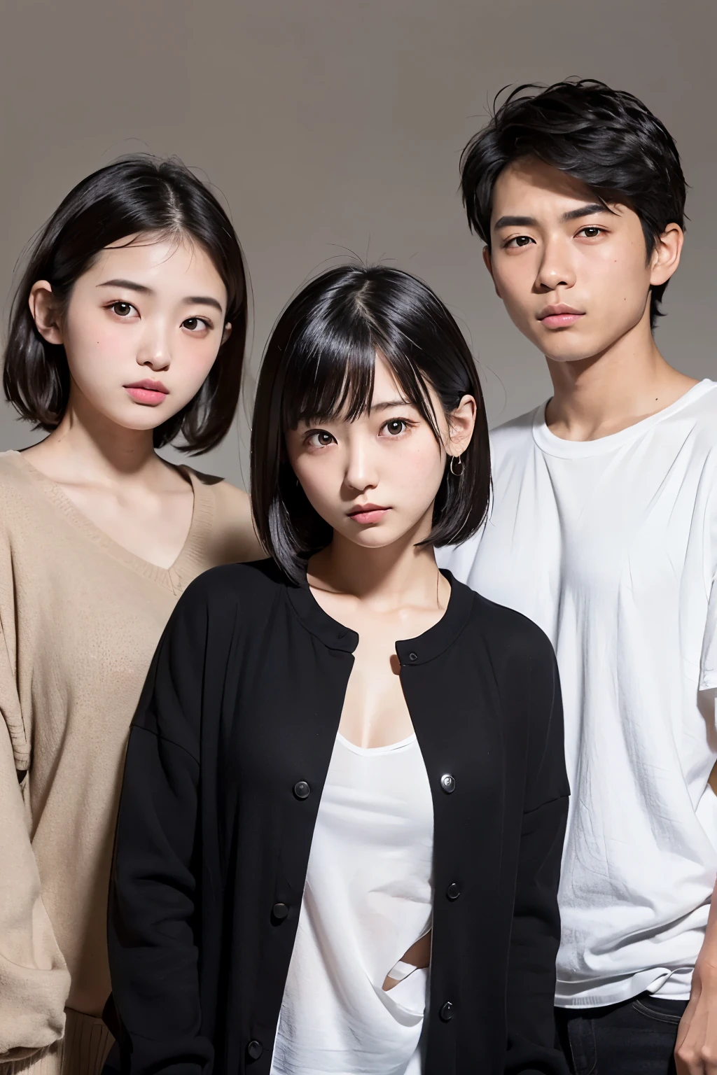 Full body image from the waist up、Big Breasts、Clothes with an open chest、(((A 17-year-old Japanese woman in the center)))、Sexy and the most beautiful face in the world、Short black hair、Sexy 17 year old cute girl、Pure white beautiful skin、Glowing Skin、Small Face Girl、Put your hair up、