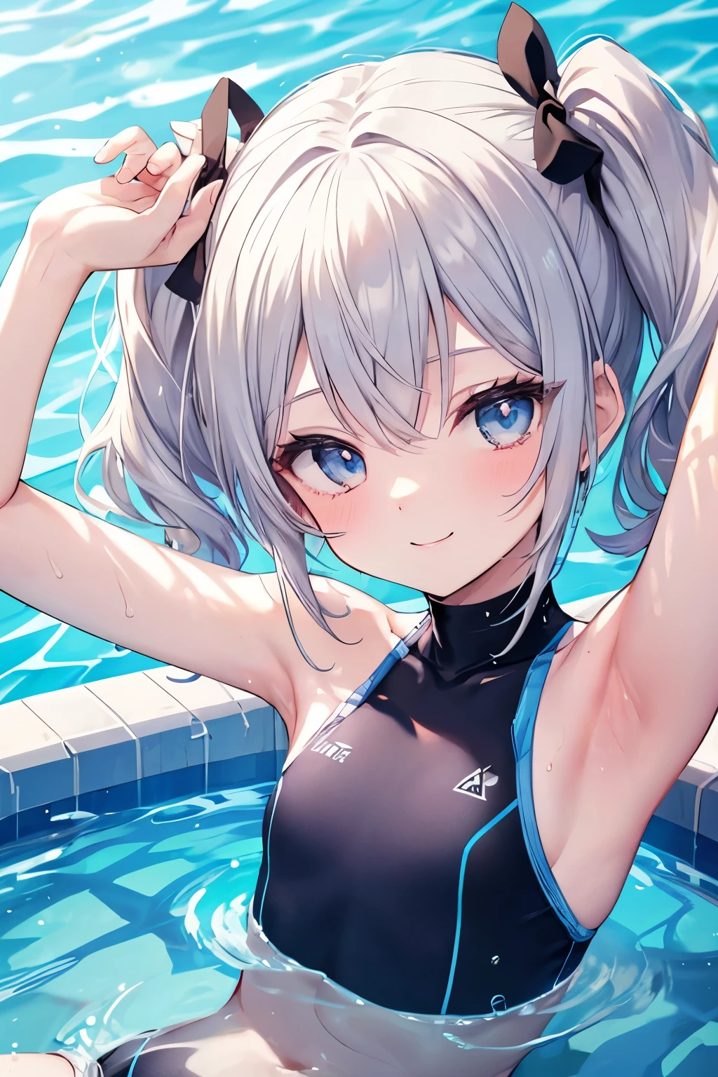 Silver-haired blue eyes、 girl、Small breasts、Twin tails、Laughter、Nico Nico Smile、Wink、 girl、Looks about 15 years old、Petan Musume、short、There are highlights on the eyes、Coming to the pool、Wear a cute swimsuit、Armpits are visible、Sliding down the slider