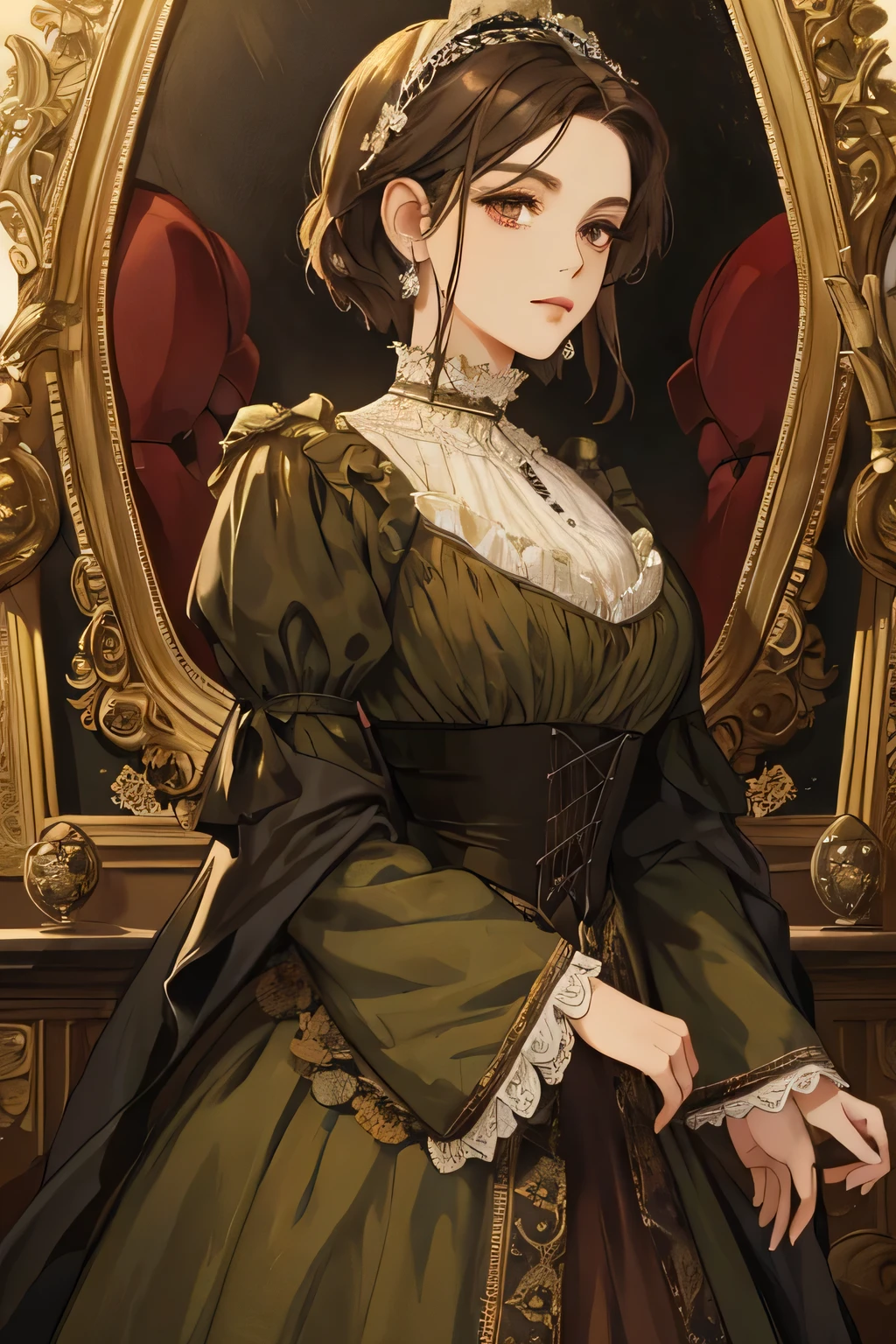 (masterpiece), best quality, expressive eyes, yunani mix victorian dress style painting of beautiful princess, brown long dress, lush and haunting background, black short hair, olive eyes, closed mouth