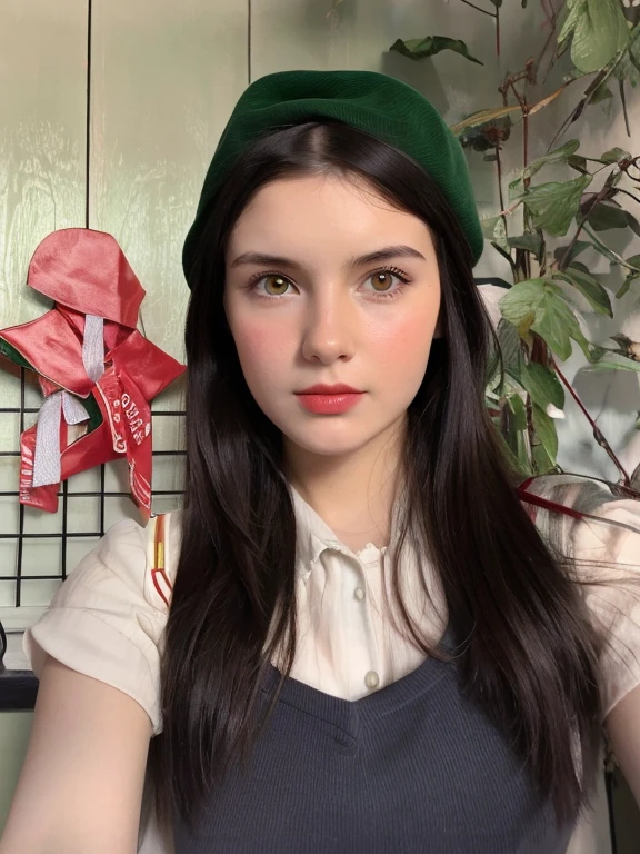 girl brunette in a red beret labor holiday world labor May USSR Soviet Union Vladimir Ilyich Lenin May Day holiday red beret red tie white shirt green forest