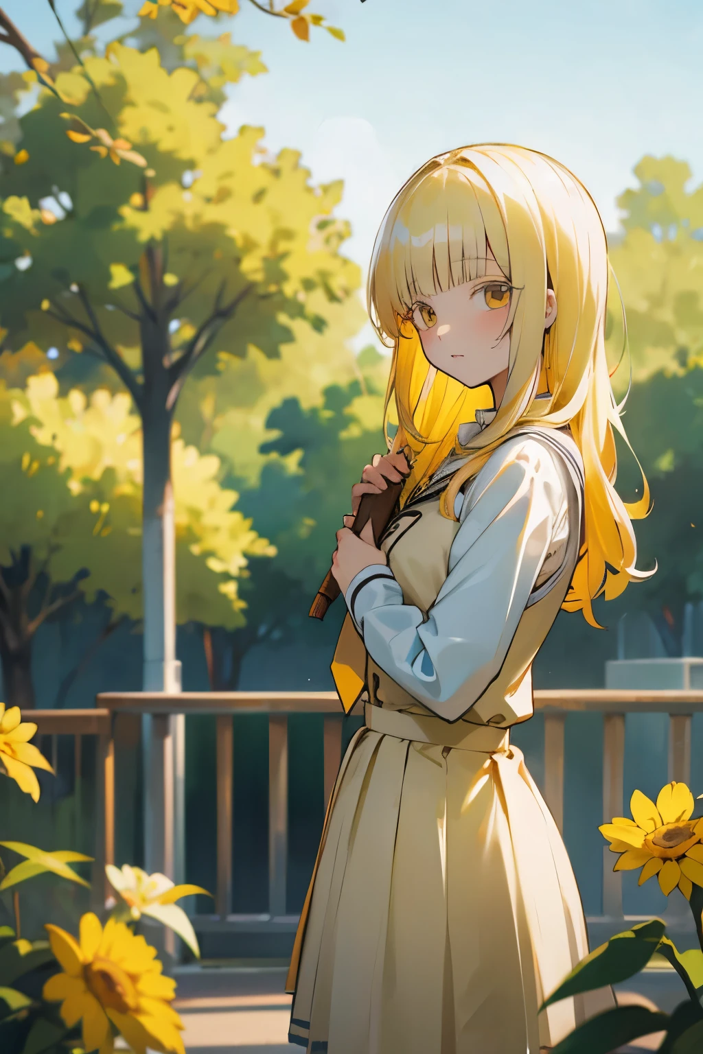 juliet_persia,1girl,school dress,yellow hair,outdoor,looking at viewer