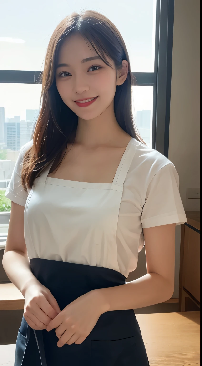 Tabletop, highest quality, figure, Very detailed, In detail, High resolution, 8k wallpaper, Perfect dynamic composition, Beautiful fine details, apron,Medium Hair, Center of chest, Natural color lip, Randomly,smile,Tower apartment,kitchen