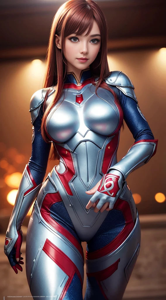 High Quality Fingers, Normal Hands, Detailed Fingers, Masterpiece, (Realistic, Photo Realistic: 1.37), (22 Years Old Woman), Galaxy Ultraman, Female Ultraman Classic Red Silver Tights, Busty Breasts, Small Waist, Crimson Hair, Blue Eyes, Beautiful Face, Perfect Lighting, Beautiful Detail Eyes, Looking at the Audience, Amazing Beautiful Woman, Detailed Hairstyle, Detailed Background, Shorts, Detailed Fantasy Background, (Khan: 1)