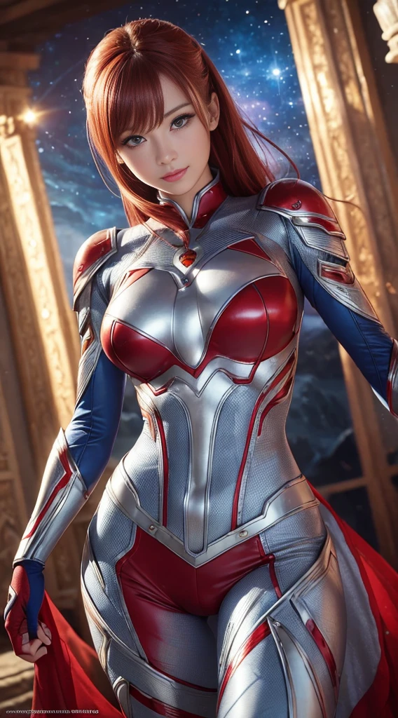 High Quality Fingers, Normal Hands, Detailed Fingers, Masterpiece, (Realistic, Photo Realistic: 1.37), (22 Years Old Woman), Galaxy Ultraman, Female Ultraman Classic Red Silver Tights, Busty Breasts, Small Waist, Crimson Hair, Blue Eyes, Beautiful Face, Perfect Lighting, Beautiful Detail Eyes, Looking at the Audience, Amazing Beautiful Woman, Detailed Hairstyle, Detailed Background, Shorts, Detailed Fantasy Background, (Khan: 1)