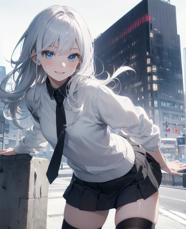 (Masterpiece, Best quality, ultra high resolution), 1 girl, Silver hair, Pale skin, Beautiful detailed face, Detailed eyes, posing on a, On a white background, Dynamic lighting, dynamic shadowing, looking at viewer, White stone punk fashion,(Posing for a photo),((White clothes)), (((black thigh highs))), jean shorts, skirt, white sweater, ((Blue eyes)), happy, smiling, black straps, black strap design, ((Long white hair)), (tie), energetic, cheerful, cityscape background