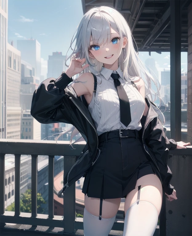 (Masterpiece, Best quality, ultra high resolution), 1 girl, Silver hair, Pale skin, Beautiful detailed face, Detailed eyes, posing on a, On a white background, Dynamic lighting, dynamic shadowing, looking at viewer, White stone punk fashion,(Posing for a photo),((White clothes)), (((black thigh highs))), jean shorts, skirt, white sweater, ((Blue eyes)), happy, smiling, black straps, black strap design, ((Long white hair)), (tie), energetic, cheerful, cityscape background