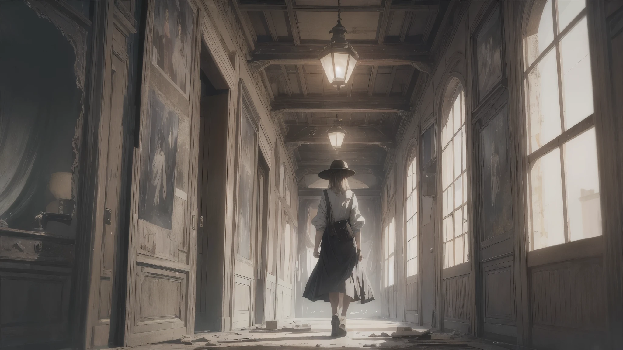 (best quality,4k,8k,highres,masterpiece:1.2),ultra-detailed,(realistic,photorealistic,photo-realistic:1.37),[dark, moody], [complicated, intricate], [dim rooms], one woman, [20 years old woman], she’s wearing army style clothes, short blonde hair, she’s walking the corridor, [mysterious atmosphere], [flickering lights], [long shadows], [peeling wallpaper], [dusty air], [abandoned furniture], [creaky floorboards], [tattered curtains], [cracked mirrors], [ancient portraits], [broken clock], [spider webs], [forgotten documents], [locked doors], [overgrown plants], [hidden doorways], [distant whispers], [echoing footsteps], [haunting silence], [eerie ambiance], [narrow passageways], [secretive alcoves], [rusted keys], [strange symbols], [old photographs], [mysterious symbols], [dramatic lighting], [tense atmosphere], [ominous presence], [mismatched tiles], [muffled sounds], [mysterious shadows], [lingering scent of decay]