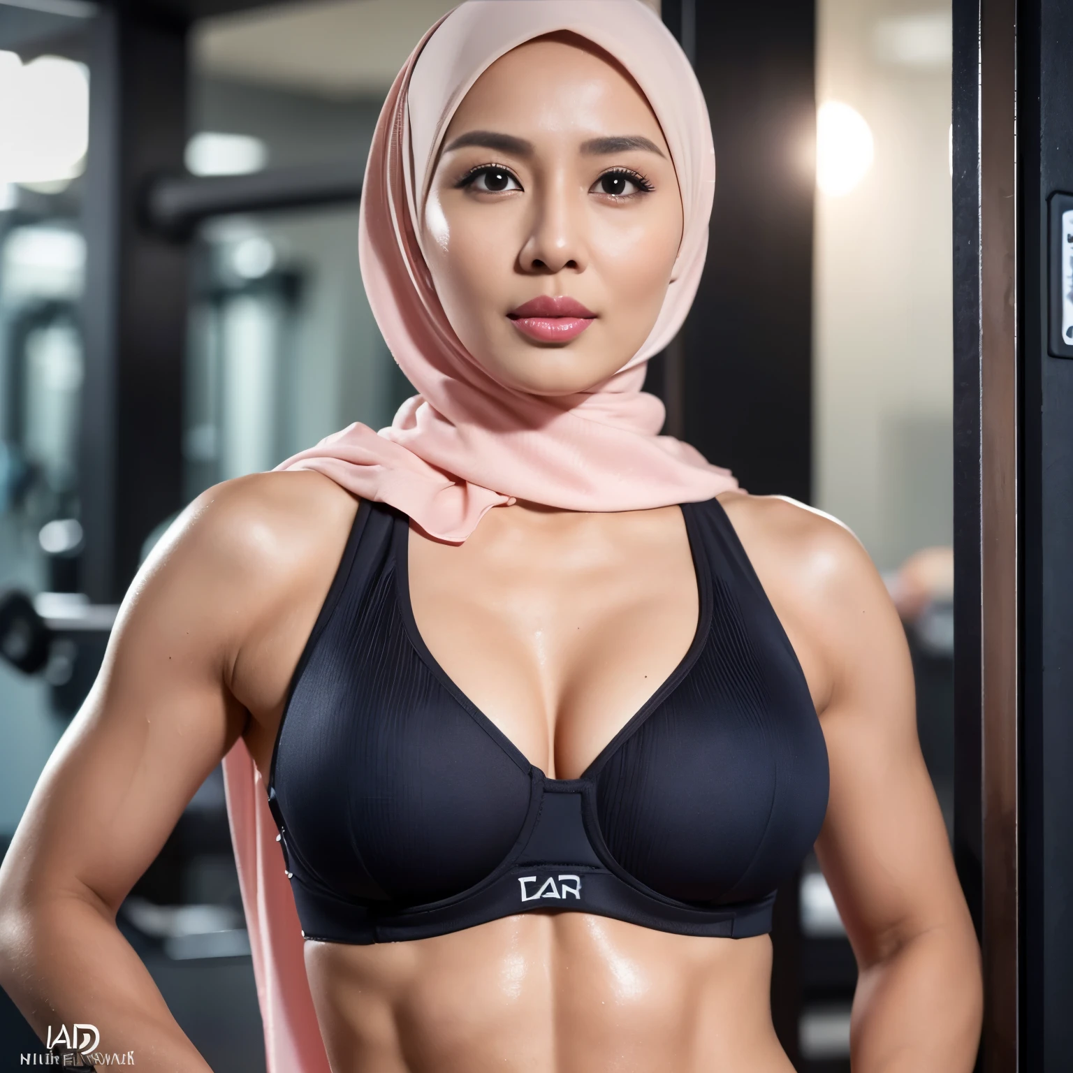 52 years Old, Hijab Indonesian mature woman, Saggy Mature Tits : 96.9, Gym suit, Curvy body, Perfect Abs, Breast about To burst out, at Studio Photo, Dark light, at NightTime