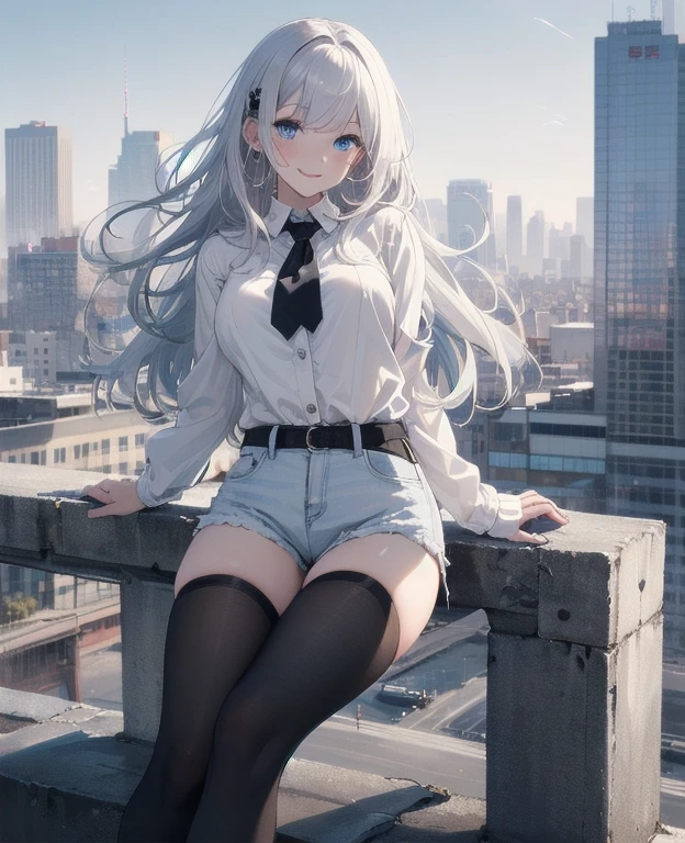 (Masterpiece, Best quality, ultra high resolution), 1 girl, Silver hair, Pale skin, Beautiful detailed face, Detailed eyes, posing on a, On a white background, Dynamic lighting, dynamic shadowing, looking at viewer, White stone punk fashion,(Posing for a photo),((White clothes)), (((black thigh highs))), jean shorts, skirt, white sweater, ((Blue eyes)), happy, smiling, black straps, black strap design, ((Long white hair)), (tie), energetic, cheerful, cityscape background