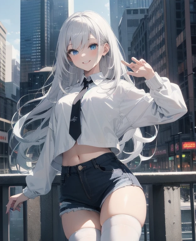 (Masterpiece, Best quality, ultra high resolution), 1 girl, Silver hair, Pale skin, Beautiful detailed face, Detailed eyes, posing on a, On a white background, Dynamic lighting, dynamic shadowing, looking at viewer, White stone punk fashion,(Posing for a photo),((White clothes)), (((black thigh highs))), jean shorts, skirt, white sweater, ((Blue eyes)), happy, smiling, black straps, black strap design, ((Long white hair)), (tie), energetic, cheerful, cityscape background