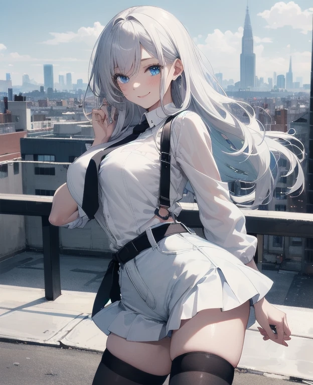 (Masterpiece, Best quality, ultra high resolution), 1 girl, Silver hair, Pale skin, Beautiful detailed face, Detailed eyes, posing on a, On a white background, Dynamic lighting, dynamic shadowing, looking at viewer, White stone punk fashion,(Posing for a photo),((White clothes)), (((black thigh highs))), jean shorts, skirt, white sweater, ((Blue eyes)), happy, smiling, black straps, black strap design, ((Long white hair)), (tie), energetic, cheerful, cityscape background