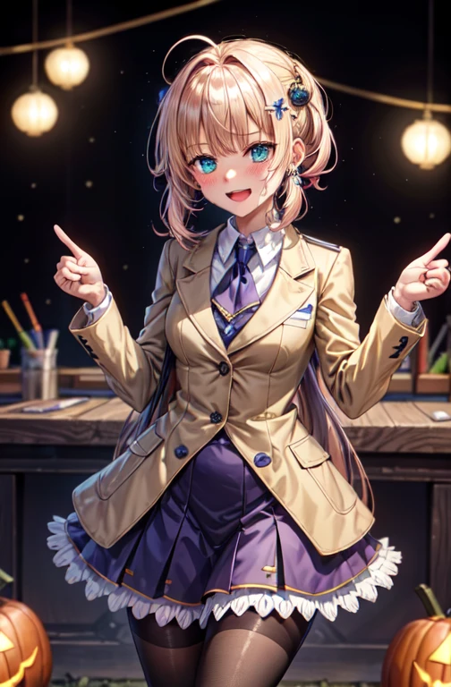 woman,************,,city, ((Science Room)), (((Beige blazer school uniform))),Open mouth smiling, ((There are two stray hairs coming out of my head.)), ((hair ornaments)), ((Baby girl body type)), One girl, Artoria Pendragon,destiny,aphrodisiac,Lie,Things to know,Full of sweat,Wet Area, Areol, defenseless,Embarrassing,Be embarrassed,Knead the milk,Milk is important,Len,Breast milk, Knight King,Noble,ring,既婚woman, Pointing straight up, (highest quality:1.1), (masterpiece:1.4), (Absurd:1.0), Portrait, Close-up, One girl、Momoberia Deviluke、hair ornaments、Beautiful Long Hair、Emerald blue eyeid-chest、Watching the audience、(blush:1.2)、Embarrassed look、Mesh pantyhose、Black background、((Pumpkin lantern)), Striped pattern, ((Has a troubled look)), ((There are Western-style sweets everywhere.)), ((Cute gestures))