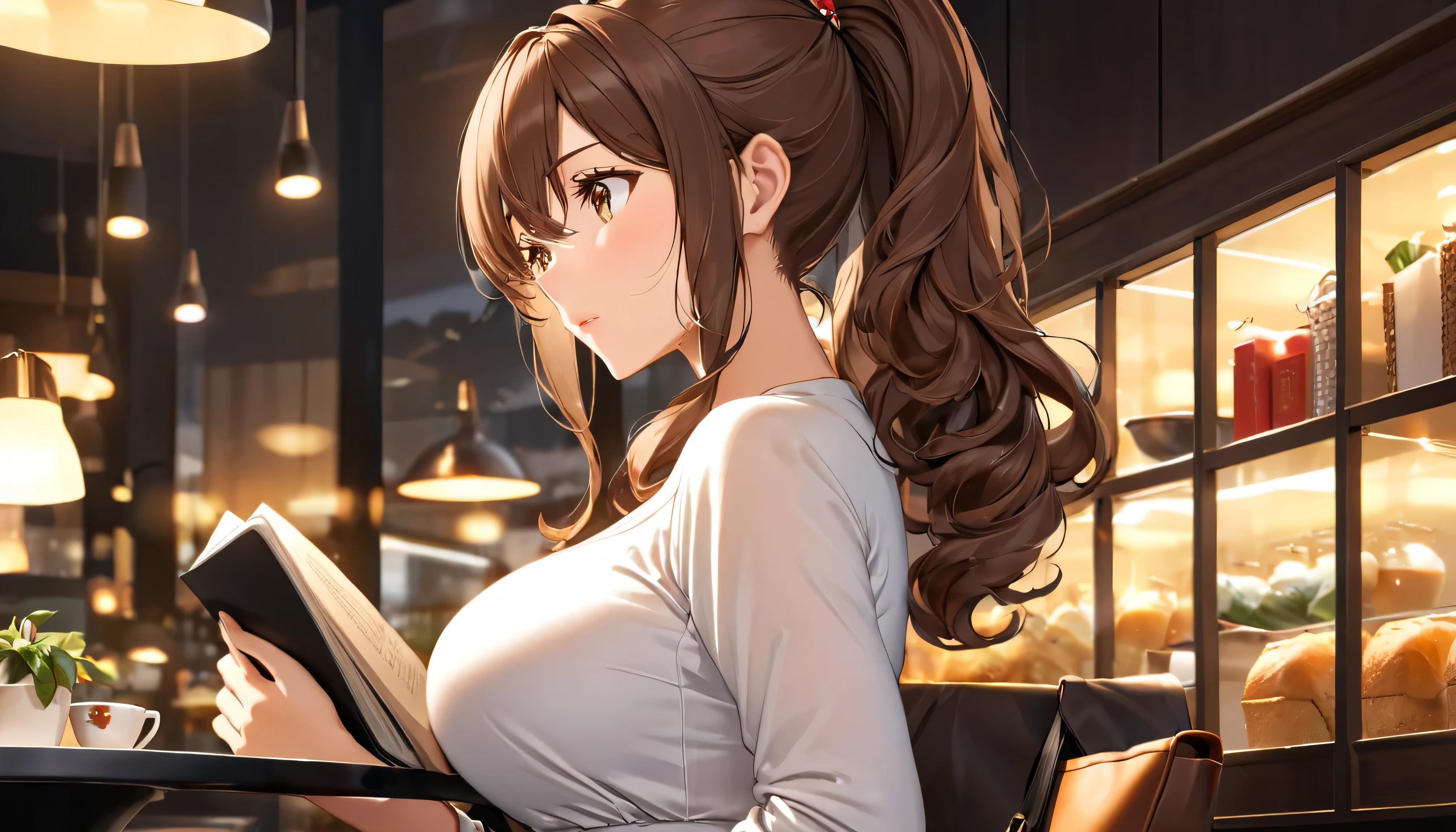 (Elegance:1.3),(Brown Hair:1.5),(Wavy Hair:1.5),(Medium Hair:1.4),(Large Eyes:1.2),(Droopy Eyes:1.4),(Glowing Skin:1.5),(Ultimate Female Body:1.5),(Shaped Breasts:1.1),(White Long Tight Dress:1.4),(Long Sleeves:1. 3 ), (Knit fabric:1.3), (Luxury bag:1.2), (Looking away:1.3), (Profile:1.3), (Skindamenation:1.4), (Reading in cafe:1.4), (View from below:1.5), (Close-up:1.3), (Bust-up shot:1.5), (High resolution:1.2 ), (Highest Quality:1.2), (8K:1.2), Ponytail