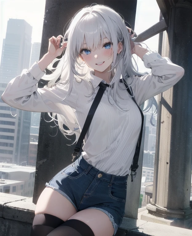 (Masterpiece, Best quality, ultra high resolution), 1 girl, Silver hair, Pale skin, Beautiful detailed face, Detailed eyes, posing on a, On a white background, Dynamic lighting, dynamic shadowing, looking at viewer, White stone punk fashion,(Posing for a photo),((White clothes)), (((black thigh highs))), jean shorts, skirt, white sweater, ((Blue eyes)), happy, smiling, black straps, black strap design, ((Long white hair)), (tie), energetic, cheerful, cityscape background