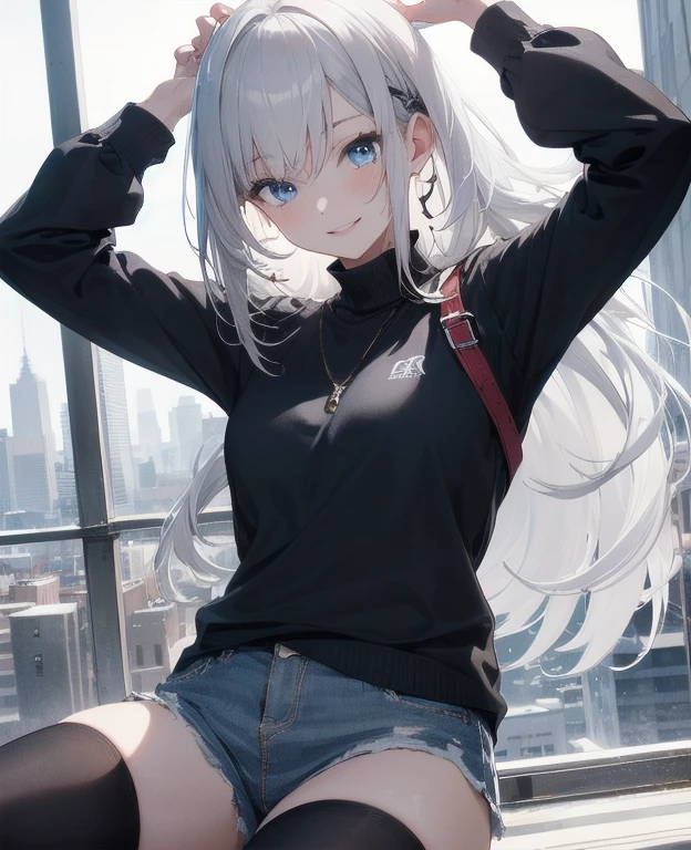 (Masterpiece, Best quality, ultra high resolution), 1 girl, Silver hair, Pale skin, Beautiful detailed face, Detailed eyes, posing on a, On a white background, Dynamic lighting, dynamic shadowing, looking at viewer, White stone punk fashion,(Posing for a photo),((White clothes)), (((black thigh highs))), jean shorts, skirt, white sweater, ((Blue eyes)), happy, smiling, black straps, black strap design, ((Long white hair)), (tie), energetic, cheerful, cityscape background