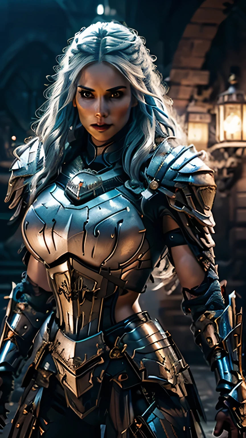 8K,asgard female warrior with very big breasts,Super beautiful(like the real thing),black very large chest armor,realistic skin,luxury black pants,Has a large, long black spear,sexy,muscular slim body,ripped abs,black shoulder armor,black waist armor,black leg armor,desert, rich colors, Backlight, cinematic lighting, film grain, RAW, 50mm lens,nikon D850,ultra high resolution,Super realistic,goddess,battle scene,action scene,action pose,shine a light on the face, long wavy blue hair, the Witcher, the Witcher armor, yennefer