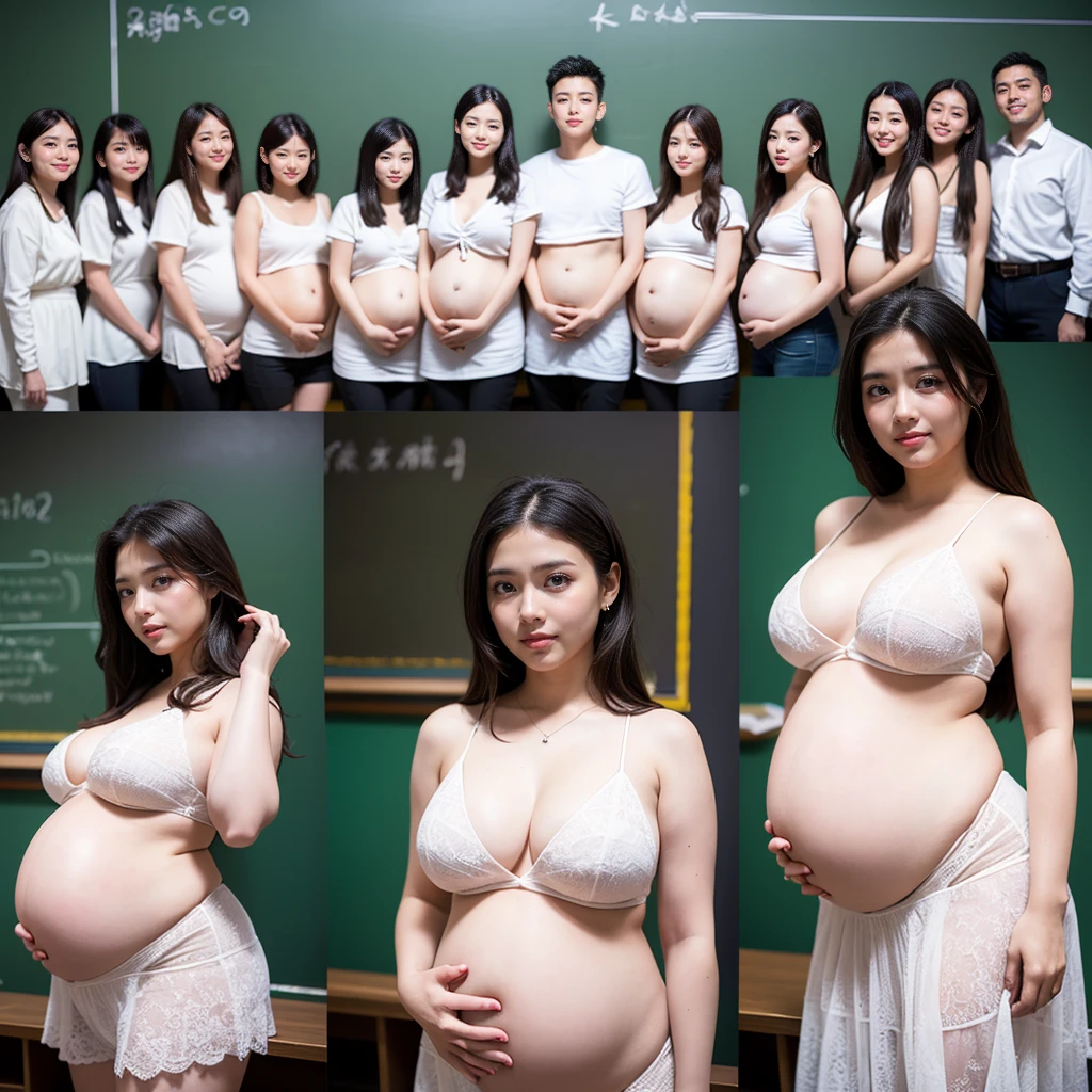 (highest quality、High resolution、Very detailed、Sharp focus:1.2)、Pregnant women、classroom、Group photo、Visible stomach、Accurate Face、belly button、20 people、Pregnant women'Big Belly、Everyone in uniform、Everyone in sailor uniforms、Bright colors、Portrait Lighting、(Let's line up and take a group photo:1.2)、(classroomにいる妊娠中の女子高生20人の集合写真:1.5)