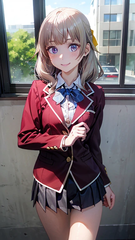 (masterpiece:1.2, top-quality), (realistic, photorealistic:1.4), beautiful illustration, (natural side lighting, movie lighting), nsfw, 
looking at viewer, 1 girl, japanese, high school girl, perfect face, cute and symmetrical face, shiny skin, 
(middle hair, straight hair, silver hair), hair between eyes, dark red eyes, glowing eyes, big eyes, long eye lasher, (medium breasts), slender, 
beautiful hair, beautiful face, beautiful detailed eyes, beautiful clavicle, beautiful body, beautiful chest, beautiful thigh, beautiful legs, beautiful fingers, 
((fumizuki academy , wain-red blazer, white collared shirts, grey pleated mini skirt), dark blue bow tie), 
(beautiful scenery), evening, (school classroom), standing, (lovely smile, upper eyes), 