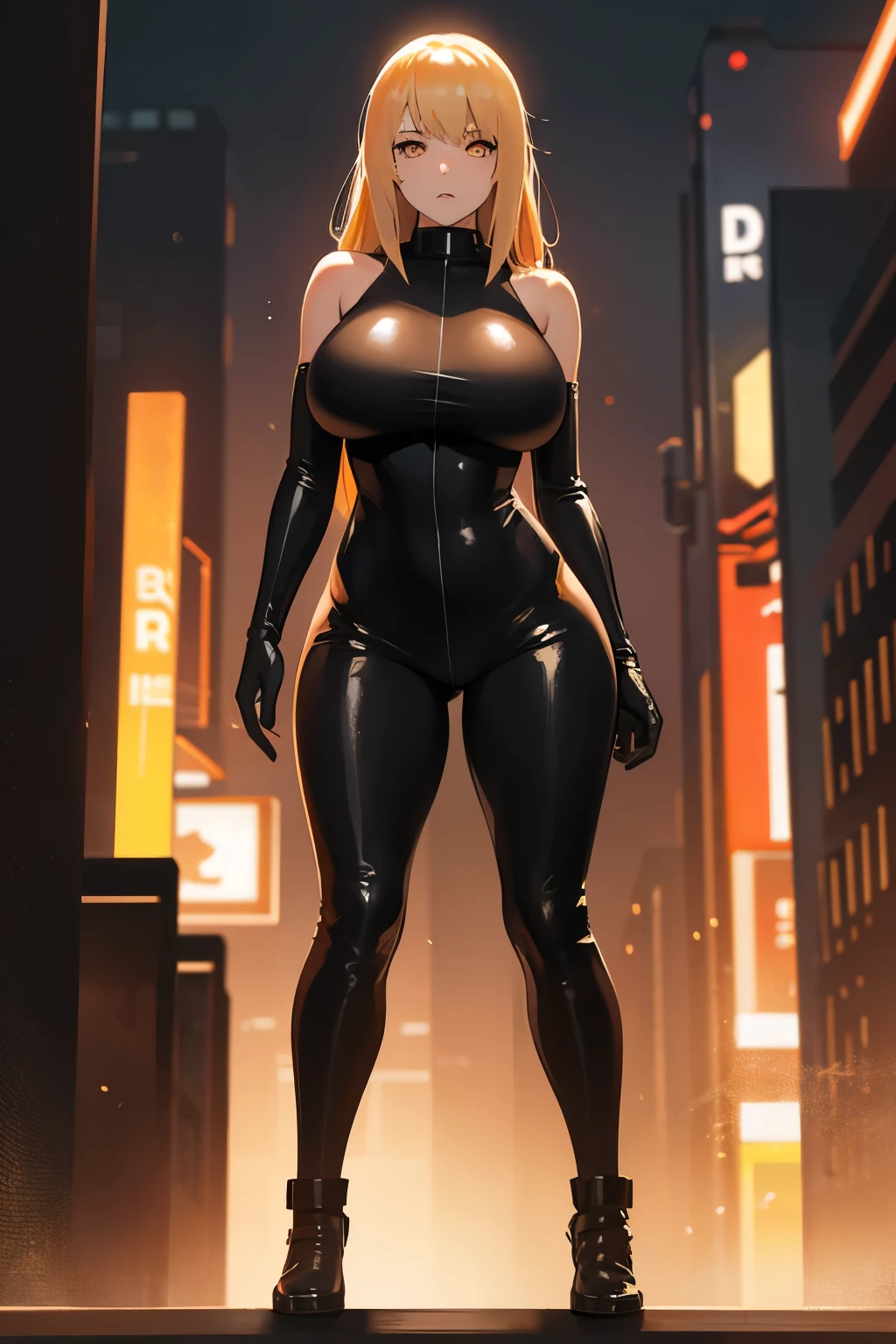 Bladerunner 2049, hot girl, nude, on the streets, huge breasts, hourglass figure, blonde, orange eyes