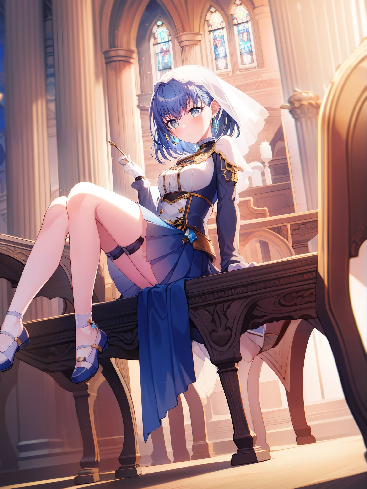 1 girl, ((full body)), medium breasts, Alone, grey eyes, the sleeve, ((blue hair)), white mitts, jewely, looking at the viewer, earring, short hair, sitting, Background in the church, knees up, bangs, pleated skirt, capes, ((veils)),