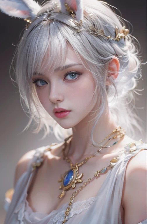 18 years old, Close up portrait of woman in Ancient Greek clothing、Shoulder out、thin、Serious expression、Short-haired、Deadly position, gorgeous necklace, light milky white porcelain skin, smooth translucent white skin, A seductive anime girl, beautiful and seductive anime woman, ultrarealistic sweet bunny girl, pale porcelain white skin, Smooth and realistic perfect body, Anime girl cosplay, realistic shadow perfect body, guweiz masterpiece