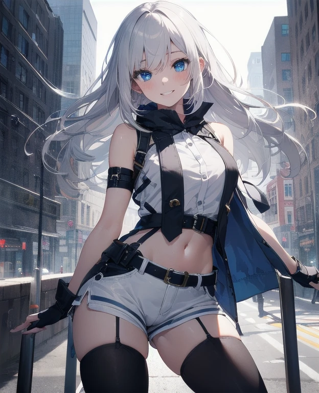 Dynamic posing, dynamic angle,Top quality work，Show Legs,8K, photo image, masterpiece,super resolution ,(long silver hair with purple ends),(purple eyes), lovely red lips, 8K quality, Pale light and shadow, Dindal effect, Very bright white background, 1 girl,lovely red lips, ( only black Cropped strappy top),((mini denim skirt in vintage dark grey wash, raw frayed hem and low rise waist)), punk boots, (torn pantyhouse), (at the tokyo street),small round chest,full-body view，16yo,(building in the background)