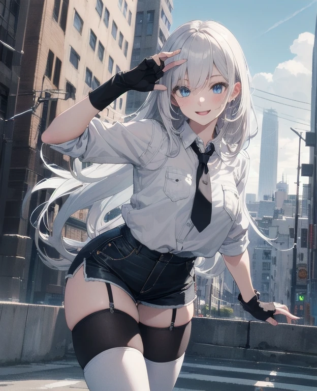 (Masterpiece, Best quality, ultra high resolution), 1 girl, Silver hair, Pale skin, Beautiful detailed face, Detailed eyes, posing on a, On a white background, Dynamic lighting, dynamic shadowing, looking at viewer, White stone punk fashion,(Posing for a photo),((White clothes)), (((black thigh highs))), jean shorts, skirt, white sweater, ((Blue eyes)), happy, smiling, black straps, black strap design, ((Long white hair)), (tie), energetic, cheerful, cityscape background, black arm sleeves, black fingerless gloves
