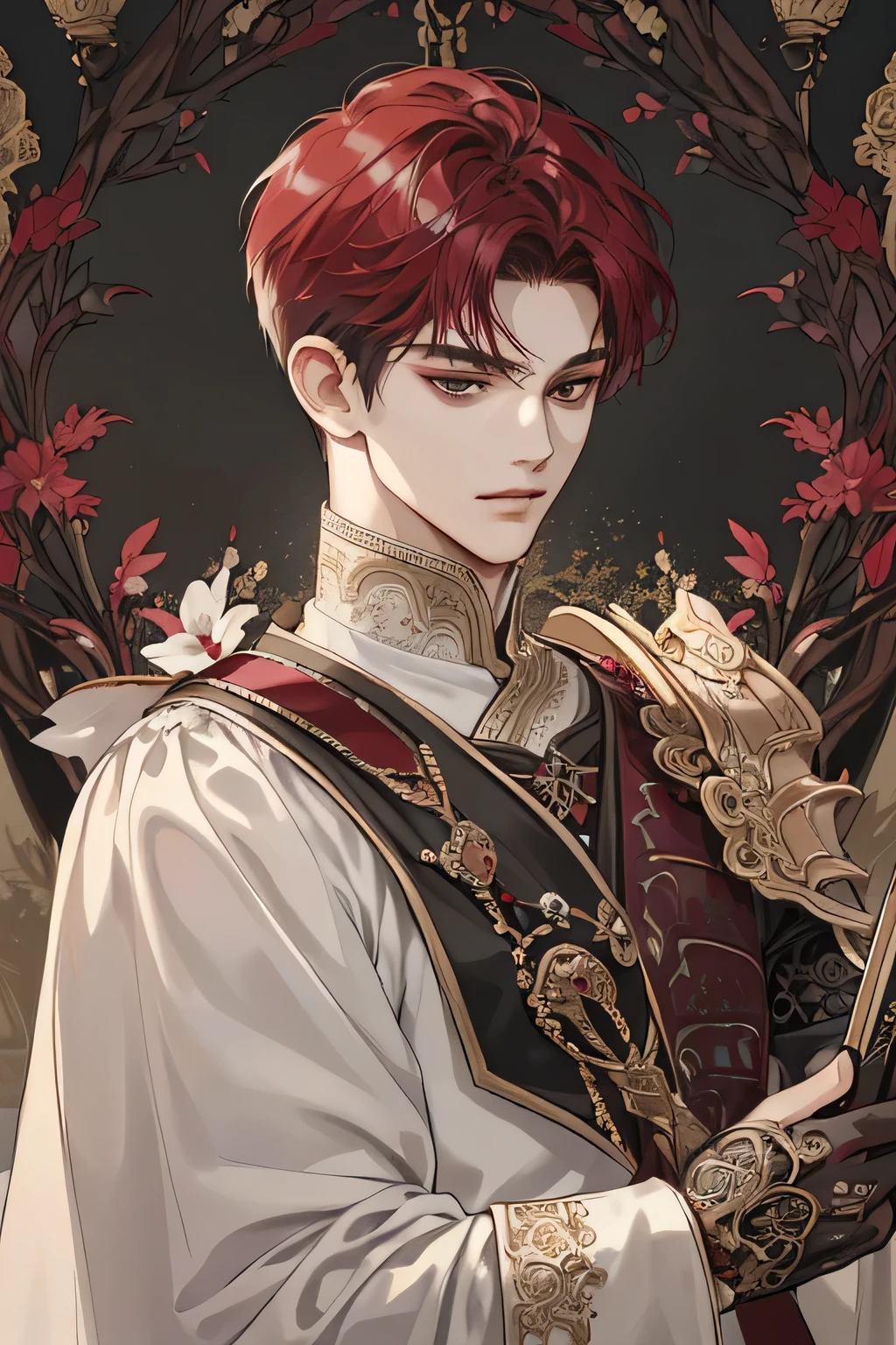 (extreamly delicate and beautiful:1.2), 8K,(masterpiece:1.0),(best_quality:1.0), 1 Boy, and intricate detailing, Enlarged textures, and intricate detailing, finely eye and detailed face, and intricate detailing, shiraga, maroon red short hair, (closed mouths), Perfect eyes, Equal eyes, black eyes (A Male god) sword master with body armor
Look at camera