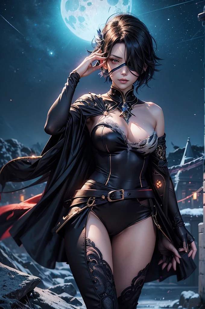 stunning girlfriend, heart shaped face, elegant face, beautiful face, highly detailed face, highly detailed skin, skin pores, subsurface scattering, realistic pupils, full lips, detailed background, depth of field, atmospheric perspective, volumetric lighting, sharp focus, absurdres, realistic proportions, good anatomy, (realistic, hyperrealistic:1.4), 16k hdr, cinderfall2023, best quality, masterpiece, 1girl, anime style, glowing eye, standing, black suit, belts, blue feather diamond, eyepatch, flame, night, stars, moonlight, standing, on mountain side, crowd