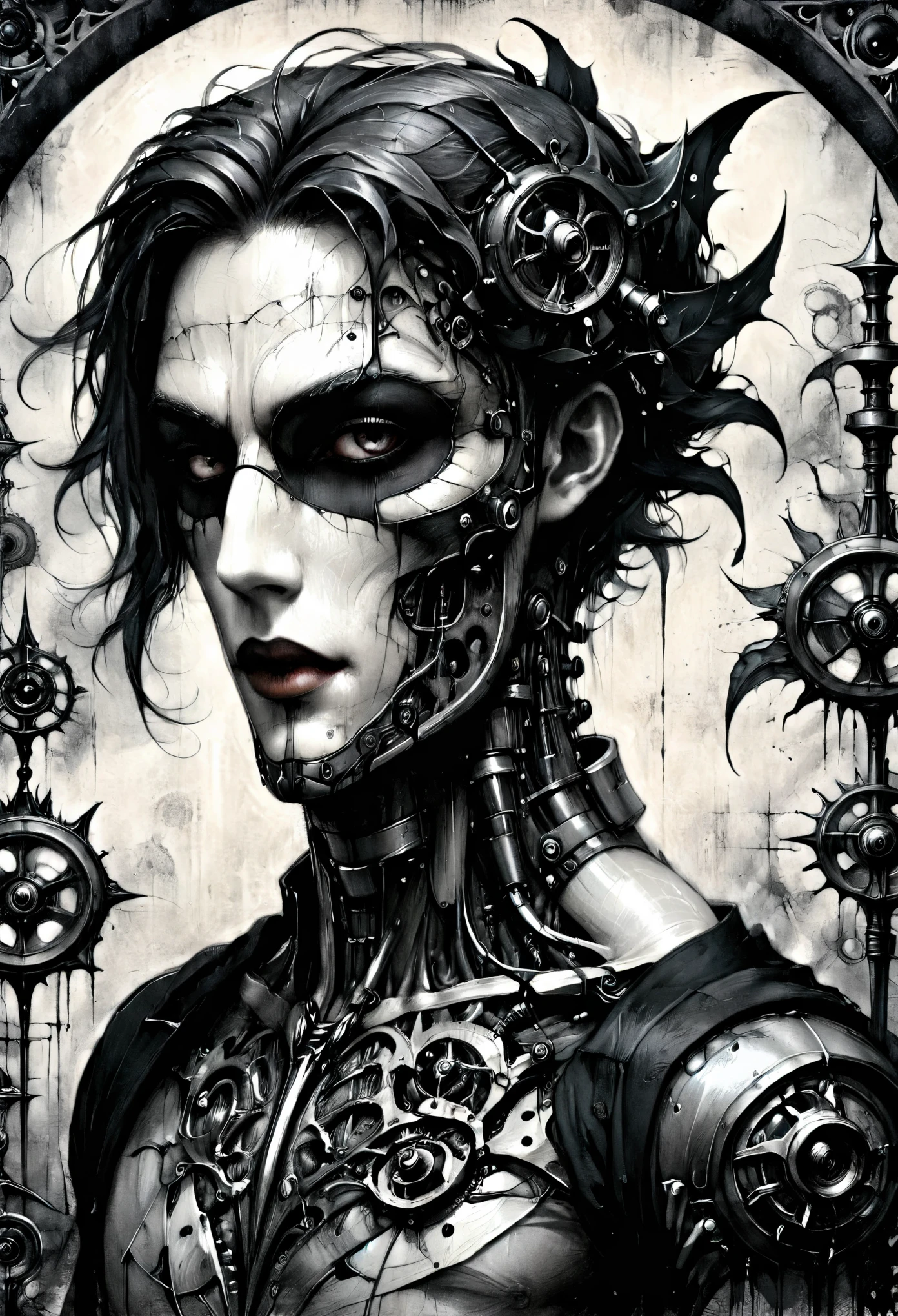 detailed beautiful androgynous vampire man wearing a masquerade mask, Biomech, ink drawing, anatomical, vitruvian