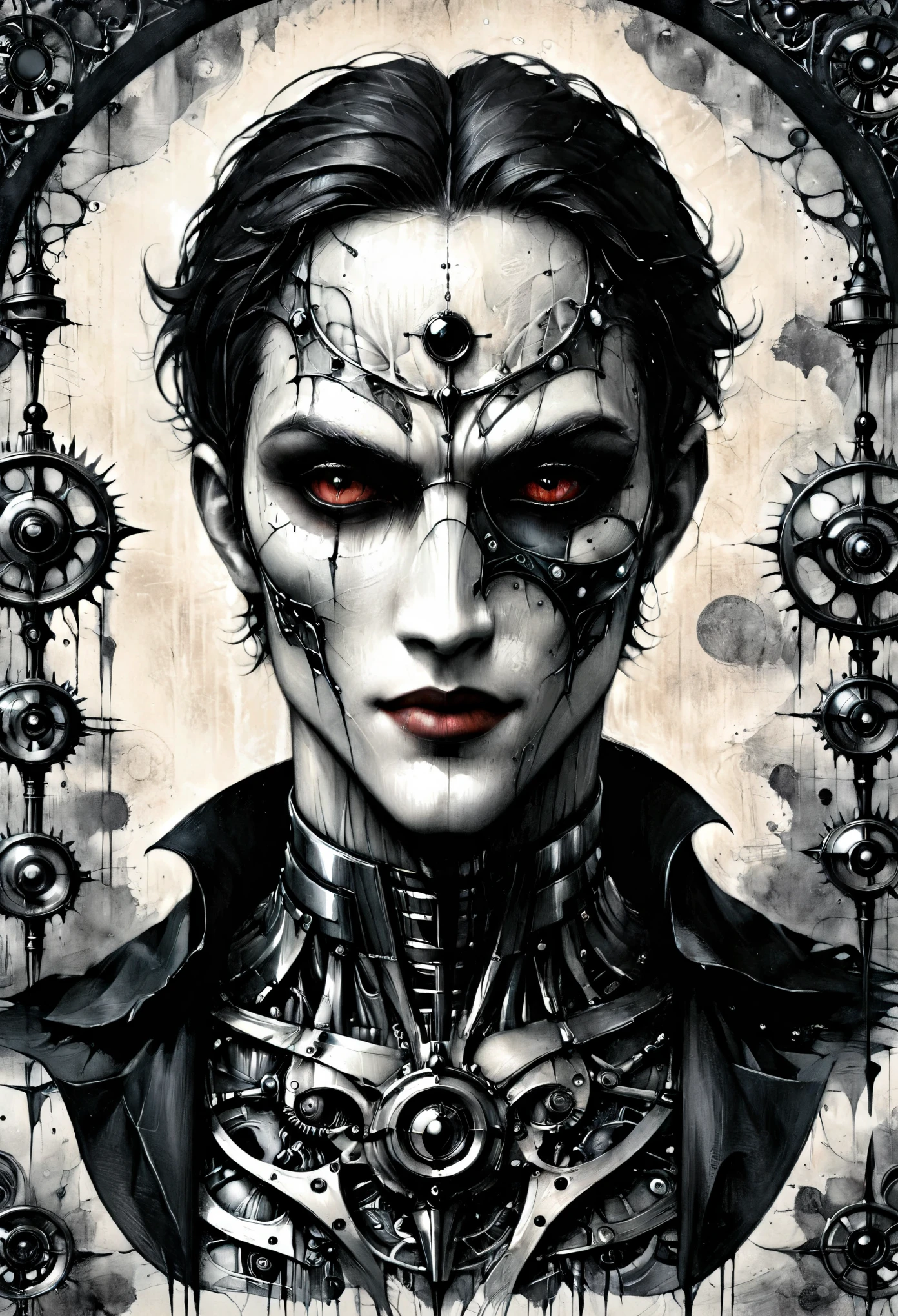 detailed beautiful androgynous vampire man wearing a masquerade mask, Biomech, ink drawing, anatomical, vitruvian