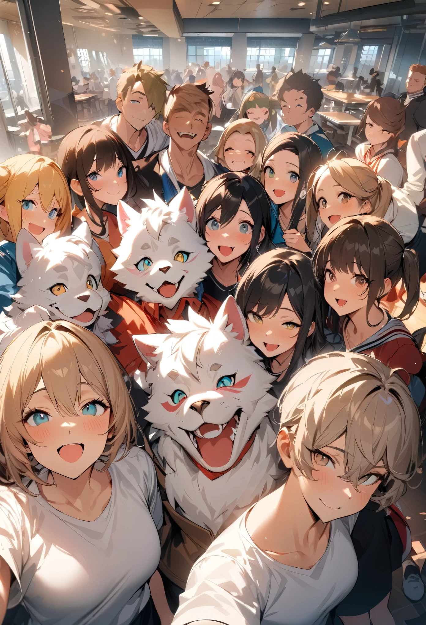 top quality, best quality, High-quality illustrations, masterpiece, super high resolution, detailed background, detailed background, university cafeteria, group shot, 6+boys, 6+girls, Happy, joyful, absurdres(highly detailed beautiful face and eyes)perfect anatomy(Photos taken with friends)(kemono, furry anthro)selfie,