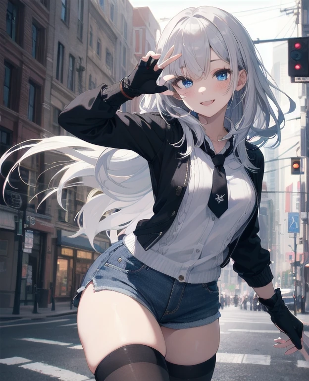 (Masterpiece, Best quality, ultra high resolution), 1 girl, Silver hair, Pale skin, Beautiful detailed face, Detailed eyes, posing on a, On a white background, Dynamic lighting, dynamic shadowing, looking at viewer, White stone punk fashion,(Posing for a photo),((White clothes)), (((black thigh highs))), jean shorts, skirt, white sweater, ((Blue eyes)), happy, smiling, black straps, black strap design, ((Long white hair)), (tie), energetic, cheerful, cityscape background, (black arm sleeves), black fingerless gloves